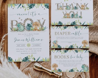 Rawrrr it's a boy baby shower invitation set printable, dinosaur baby shower invitation set, greenery tiny dino baby shower invite set -C498