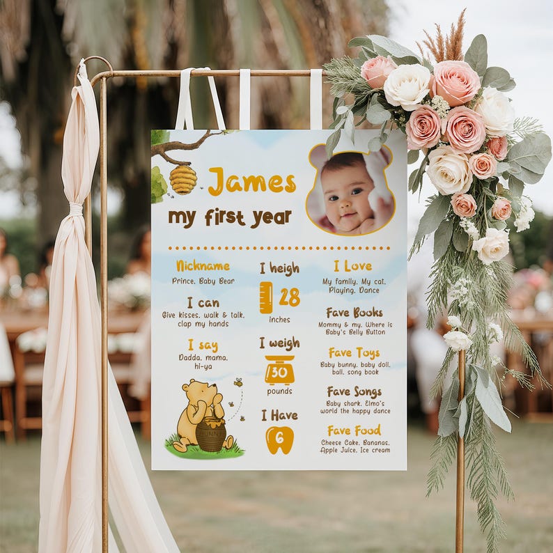 Winnie the Pooh First Year Milestone Board With Photo Template, Honey ...