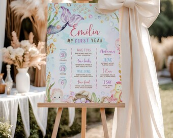 Editable mermaid 1st birthday milestone board, baby's 1st year milestone poster template, mermaid board, year milestone stats poster - C124