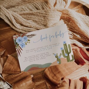 Editable pampas grass baby shower book request cards, boho cactus blue floral books for baby card, baby shower books for baby boy card -C412