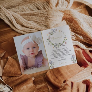 Bautizo gracias card, boho bautizo gracias card, spanish baptism thank you card template, baptism thank you card with photo for girl  - C515
