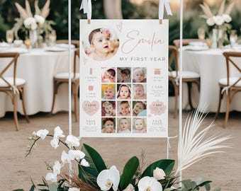 My first year collage & milestone poster printable for a little baby girl, first birthday milestone poster decor, one year photo collage