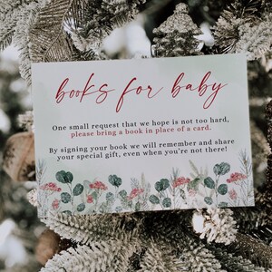 Winter book for baby card, holiday girl or boy neutral baby shower book card insert, green red baby shower books for baby card editable-C346