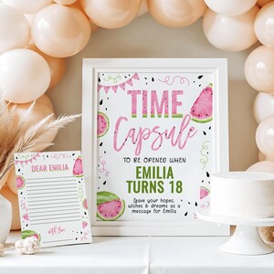 Sweet melon 1st birthday time capsule sign and card printable, summer pink watermelon first birthday party time capsule sign & card - C809