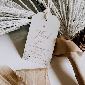 Christmas greenery gold decor baptism & 1st birthday rectangular favor gift tag printable, winter baptism 1st birthday thank you tagі - C307