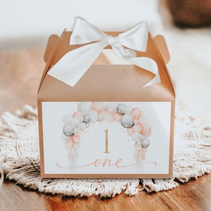 Gold one birthday party gable box label printable, balloons one little girl birthday party gable favor box, boho gable box label decor -C480