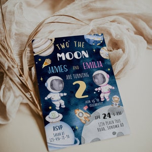 Boy and girl space invitation card for twins printable, two the moon modern birthday party invitation card for twins, b-day party decor-C253