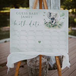 Editable gender neutral elephant baby shower due date calendar, elephant guess baby's birthday sign, due date baby shower party game - C503