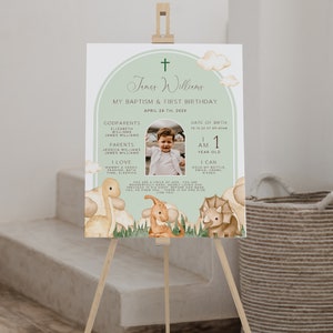 Boho baptism milestone sign template, modern green beige dino baptism milestone with photo, clouds arch baptism decorations poster boy -C349