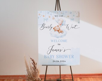 Sleepy Bear On Blue Clouds Baby Shower Welcome Sign Printable We Can Bearly Wait - C752-b