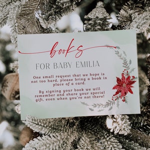 Winter baby shower book request cards, poinsettia baby shower books for baby ticket, christmas floral greenery book for baby shower - C341