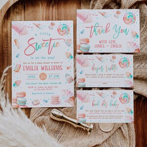 A little sweetie candy land baby shower invitation bundle printable, donut candy baby shower invitation set pink and blue decoration - C456