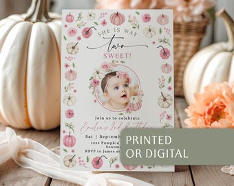 Way Two Sweet Birthday Fall Invitation Template: Pink Pumpkin Floral Girl 2nd Invite Card - C803-g