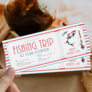 Surprise fathers day fishing trip ticket printable, fishing trip gift certificate, fishing trip voucher, red and blue fishing trip ticket