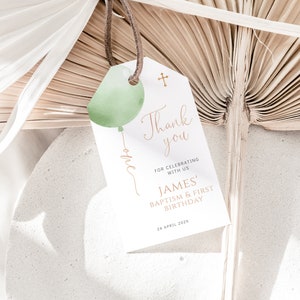 Modern baptism thank you tag editable, balloon christening thank you tags, green gender neutral baptism label, religious favor tag - C132