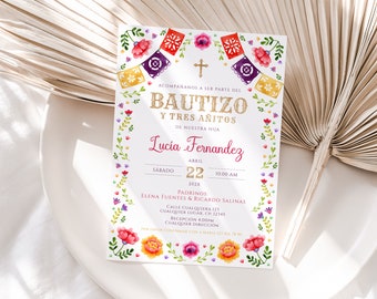 Mexican baptism invitation in spanish printable, bautizo invitation spanish mexican flower, mi bautizo invitation, invitación bautizo - C116