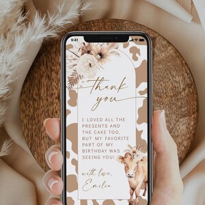 Bohemian cow birthday party electronic thank you editable, holy cow birthday digital thank you card, pampass grass bday thank you card -C288