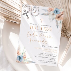Blue cross twin baptism invitation decor, invitación floral para el bautizo de gemelos, twin boho floral baptism invite card printable -C523