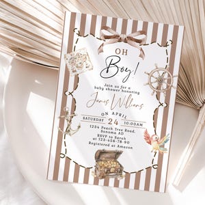 Oh boy baby shower invitation printable, brown pirate baby shower invitation, pirates nautical treasure box baby shower invitation - C777