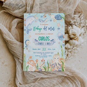 Niño cumpleaños invitacion en español printable, ocean & sea boy birthday party invite in spanish, under the sea invitation template  - C127