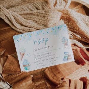 Candy sweet boy baby shower rsvp printable, a little sweetie boy baby shower rsvp card, sweet blue ice cream baby shower rsvp card - C457