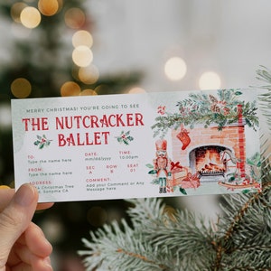 Green winter decor fireplace ticket ballet printable, nutcracker ballet gift ticket, fireplace spruce branches winter voucher holiday themed