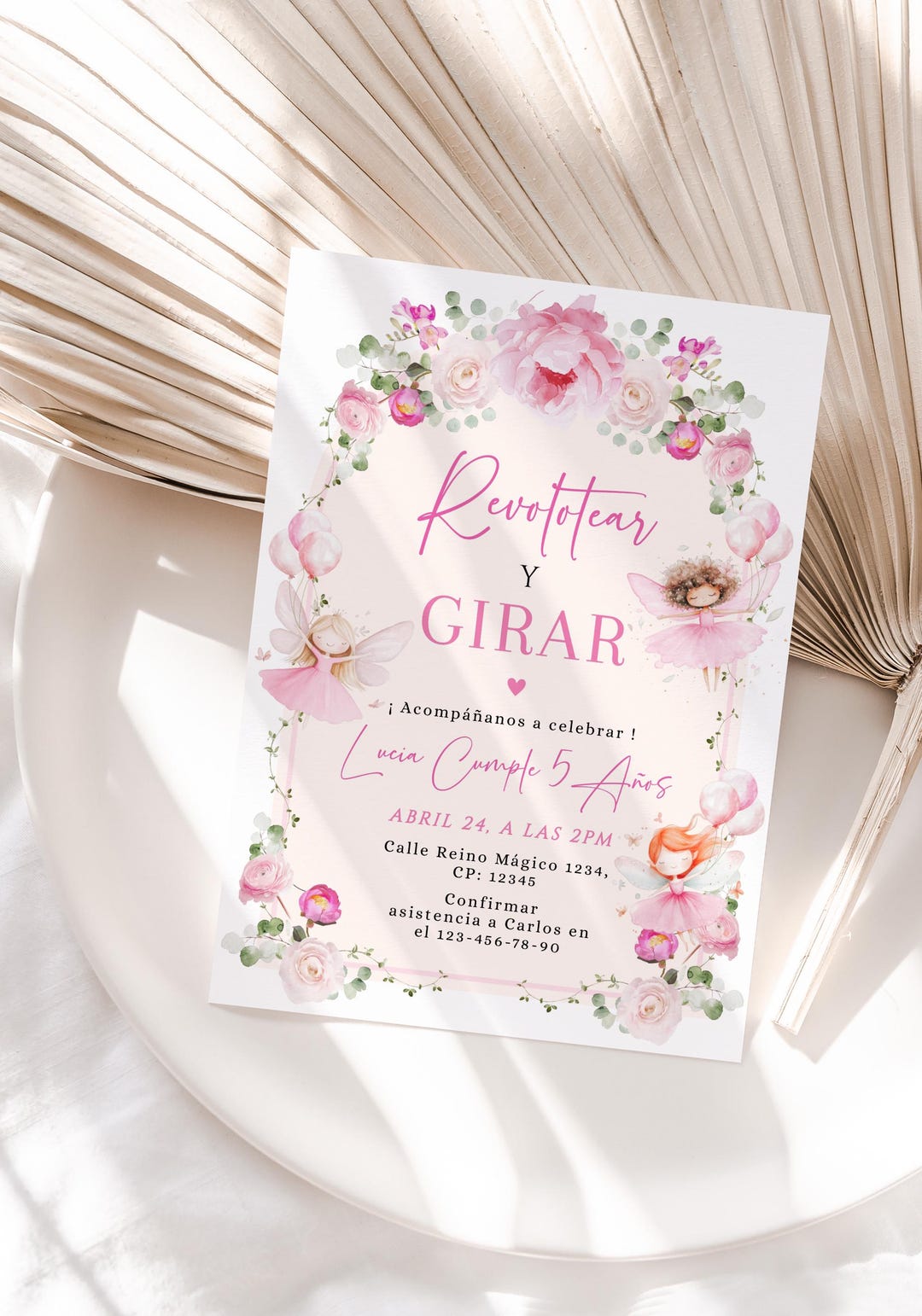 Revolotear Y Girar Cumpleaños Invitacion, Arch Pink Floral Spanish ...