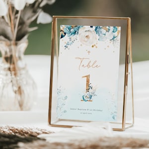 Baptism table number template, blue gold christening table numbers birthday, floral baptism 1st birthday table number printable - C210