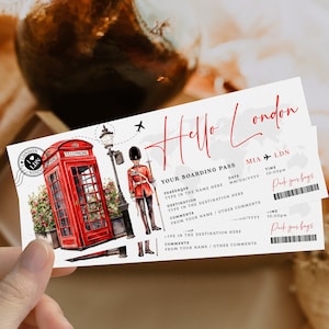 Editable London surprise boarding pass ticket, trip ticket to England, modern red vacation ticket, surprise getaway gift vacation ticket