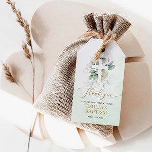 Printable baptism favor tags green and gold decoration, white cross christening thank you tag, greenery leaves baptism favor gift tags -C015