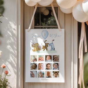 Editable winnie the pooh first year photo poster, winnie the pooh my first year photo collage, pooh 12 month photo collage - C536