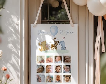Editable winnie the pooh first year photo poster, winnie the pooh my first year photo collage, pooh 12 month photo collage - C536