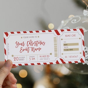 Christmas gift surprise concert ticket event template, editable holiday invitation ticket fake, show christmas event ticket gift voucher