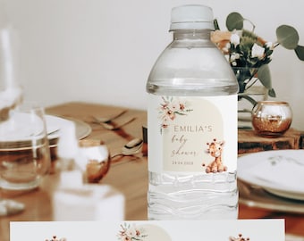 Boho giraffe baby shower party water bottle labels printable, giraffe floral autumn shower water bottle label, giraffe drink sticker - C563