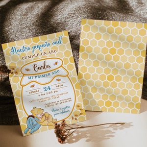 Honeycombs winnie pooh birthday invite in spanish, oco niño spanish birthday party invitation, donkey invitación en español printable - C277