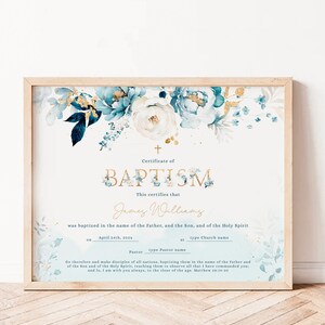 Floral blue baptism certificate printable, modern baptism gift christening certificate, religious certificate printable boy baptism-C210