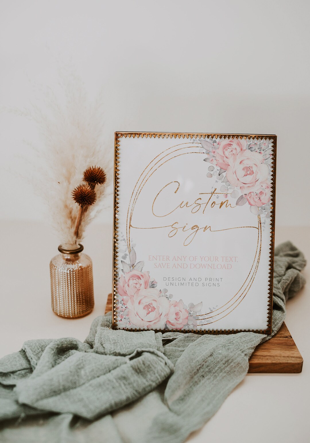 Elegant Pink Flowers Custom Sign Printable, Floral Custom Text Sign ...