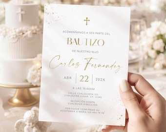 Invitacion de bautizo, invitacion bautizo en espanol, invitación bautizo niño, christening boy baptism invitation in spanish gold - C278