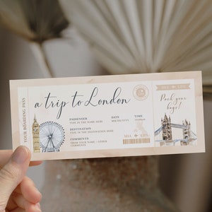 London surprise boarding pass, London gift boarding pass, vacation ticket printable airline, flight surprise trip ticket travel to London