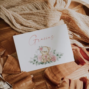 Boho bear spanish gracias card, girl blash pink spanish thank you card decor,  floral little girl thank you cards in spanish template - C270
