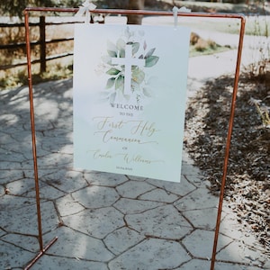 Gender neutral eucalyptus first holy communion sign printable, white cross holy communion welcome sign, greenery first communion poster -C15