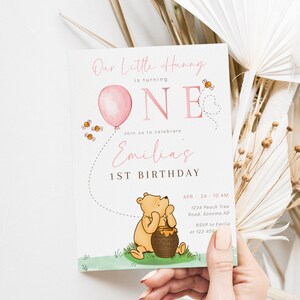 Little hunny is turning ONE birthday party invitation for girl, blush pink little girl winnie pooh 1st b-day invitation printable - C538-g