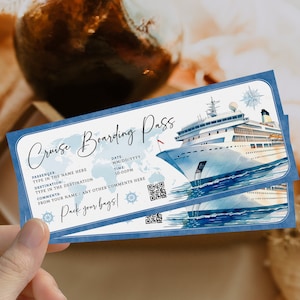 Cruise blue decor boarding pass, personalise ship boarding pass, travel by ship gift voucher any occasion, surprise cruise ticket template
