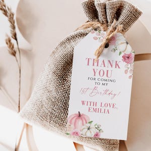 Girl pink pumpkin first birthday tag printable, pink fall floral first birthday thank you tag, pumpkin fall 1st birthday favor tag -C803-g