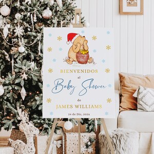 Classic winnie the pooh baby shower welcome sign in spanish printable, oso miel moderno winter baby shower cartel de bienvenida español-C311
