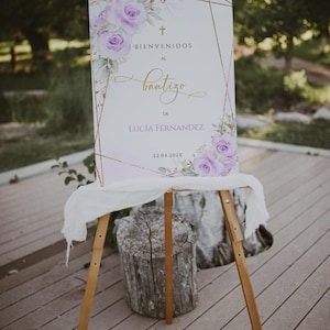 Lilac and gold spanish bautizo welcome sign printable, cartel bienvenida bautizo niña, purple floral spanish baptism welcome poster - C98l