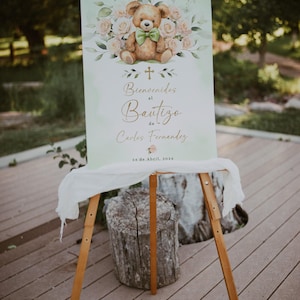 Bear spanish baptism welcome sign template, oso flores greenery cartel de bienvenida bautizo, floral spanish baptism welcome poster - C440