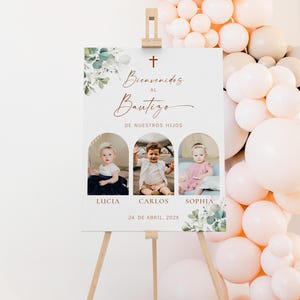 Green leaves triplets bautizo welcome sign with photo printable, modern brown and greenery cartel bienvenida bautizo para niño nina - C750-t