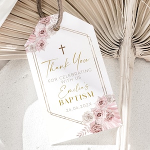 Bohemian baptism gift tag template, pink floral girl baptism thank you tag, boho pink gold baptism favor tag, christening thank you tag -C23