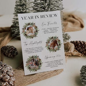 Christmas themed year in review card, green winter tree photo collage year in review card printable and decor, winter snow postcard